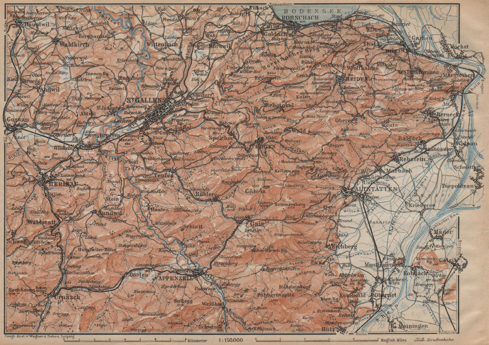 ST GALLEN/APPENZELL area. Herigau Altstätten Heiden Rheineck Rorschach 1907 map